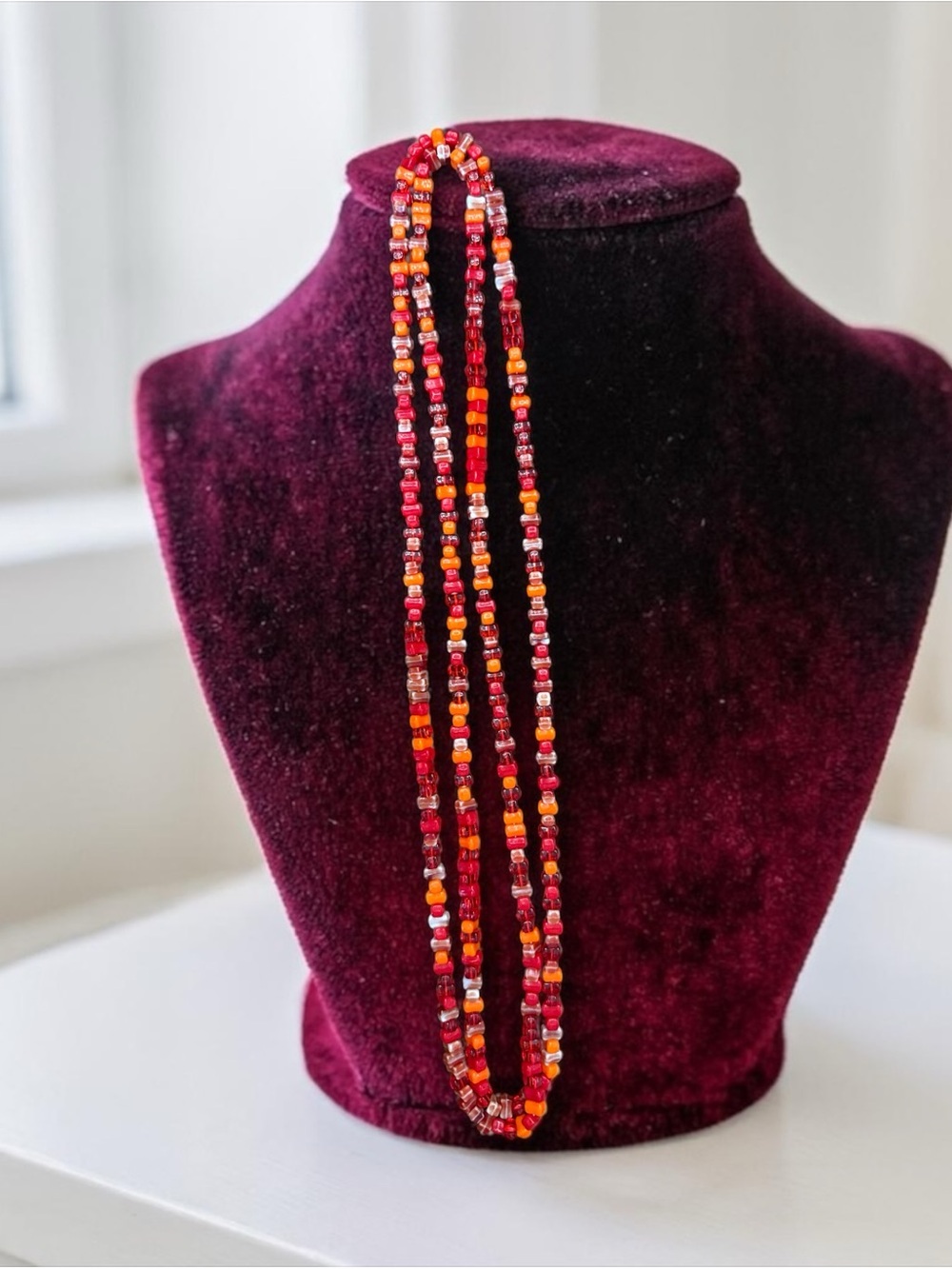 Vintage long strand Red & Orange Rectangular Bead Necklace 49” - Picture 3 of 15
